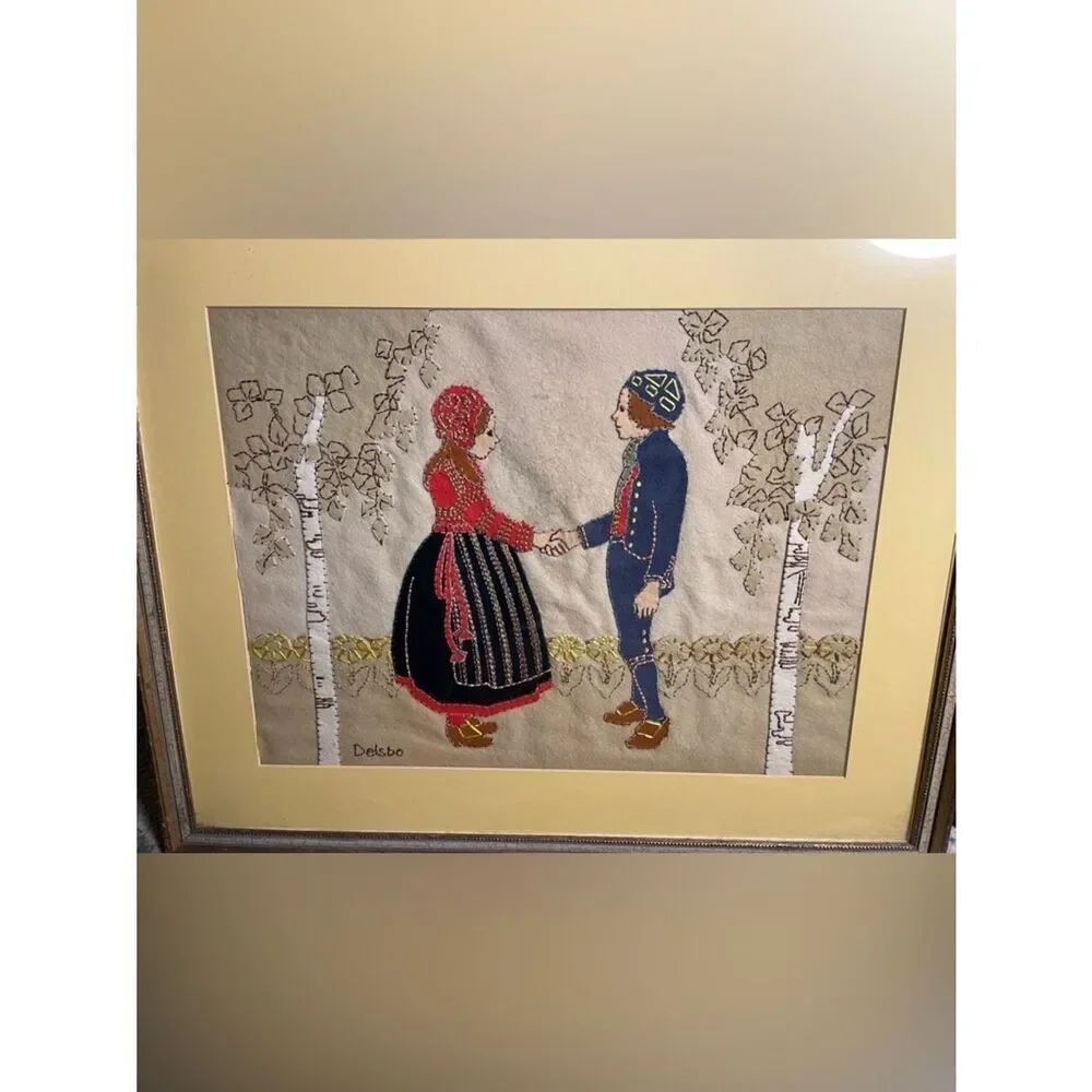 DELSBO Antique Knit Fabric Folk Art w/ Glass Face & Wooden Frame (21”x 26”)